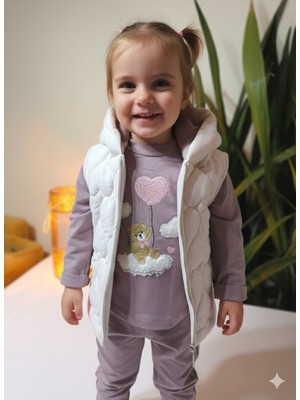 Şimo Butik Bayramlık Kız Bebek Kapşonlu Üçlü Takım ( Bulut Ayıcık Sweatshirt+ Kapşonluyelek+Pantolon)