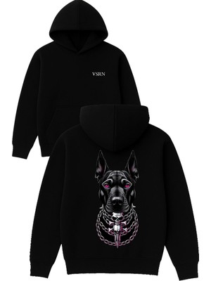 Vsrn Zincirli Köpek Tasarım Baskılı Oversize Siyah Kapüşonlu Sweatshirt