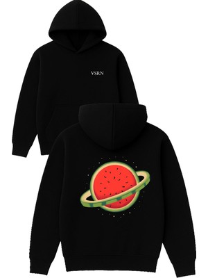 Vsrn Satürn Karpuz Tasarım Baskılı Oversize Siyah Kapüşonlu Sweatshirt