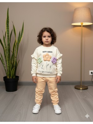 Şimo Butik Bayramlık Kız Çocuk Alt Üst Takım Kolu Fırfırlı El Nakışı Kabartma Çiçek %100 Pamuk