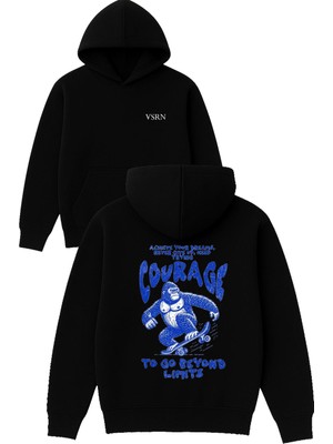 Vsrn Courage Tasarım Baskılı Oversize Siyah Kapüşonlu Sweatshirt
