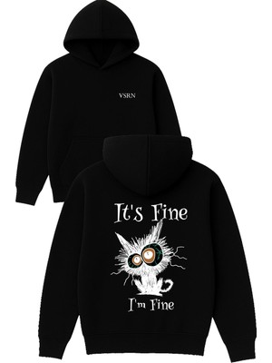 Vsrn Its Fine Im Fine Tasarım Baskılı Oversize Siyah Kapüşonlu Sweatshirt