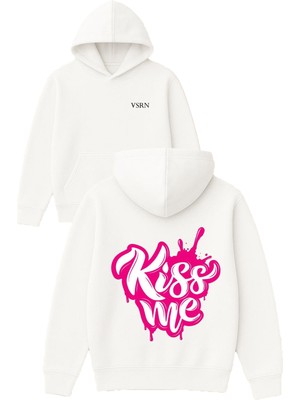 Vsrn Kıss Me Tasarım Baskılı Oversize Beyaz Kapüşonlu Sweatshirt
