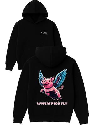 Vsrn When Pigs Fly Tasarım Baskılı Oversize Siyah Kapüşonlu Sweatshirt
