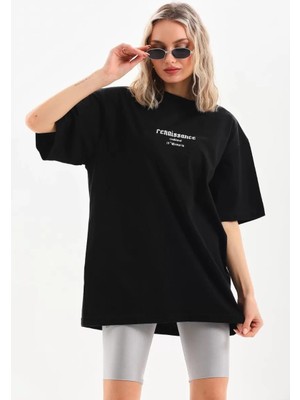 Moda Unisex Baskılı Oversize T-Shirt - Siyah