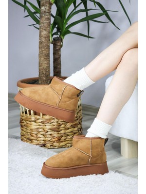 Asmi Shoes Kadın Pavro Süet Içi Kürklü  Kalın Taban ( 4.5 cm ) Mini Kısa Bot  Kahverengi