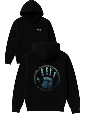Vsrn El Yuvarlak Tasarım Baskılı Oversize Siyah Kapüşonlu Sweatshirt