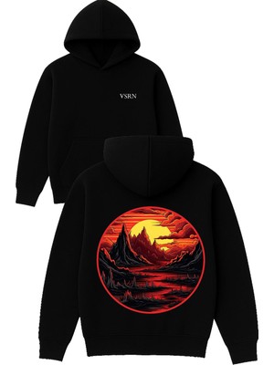 Vsrn Dag Manzarası Tasarım Baskılı Oversize Siyah Kapüşonlu Sweatshirt