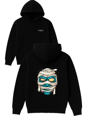 Vsrn Mumya Tasarım Baskılı Oversize Siyah Kapüşonlu Sweatshirt