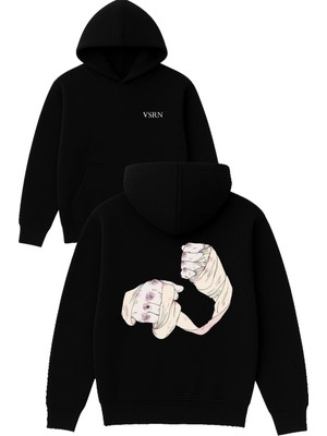 Vsrn Muay Thai Tasarım Baskılı Oversize Siyah Kapüşonlu Sweatshirt
