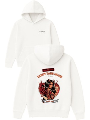 Vsrn Dont Take Home Tasarım Baskılı Oversize Beyaz Kapüşonlu Sweatshirt