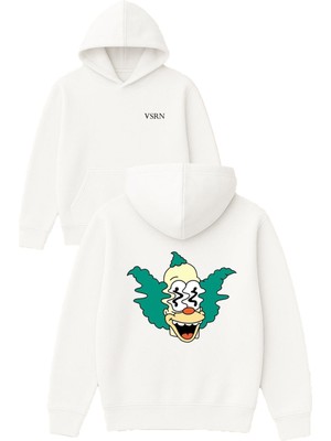 Vsrn Bulanık Palyaco Tasarım Baskılı Oversize Beyaz Kapüşonlu Sweatshirt