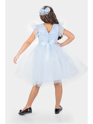 Mnk Baby & Kids Roza Dantel Tütü Kız Çocuk Abiye Elbise MNK0546 - Bebe Mavi - 8 Yaş