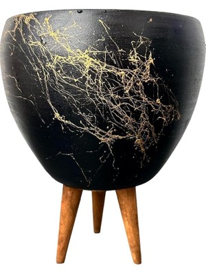Tasarımı Ev Dekorasyon Siyah Üzeri Gold Mermer Efektli Toprak Saksı Saksılık Salon Çiçeklik 3 Ayaklı - 15 cm