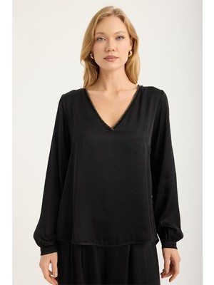 Home Store Simli Ribanalı V Yaka Bluz