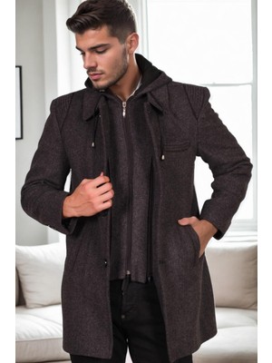 Dewberry Erkek Palto %70 Yün %30 Polyester Orta Kalınlık Midi Uzun Kol Siyah-Antrasit PLT8335