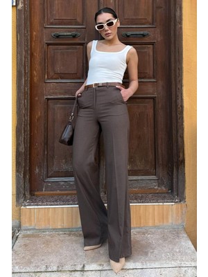 Madmext Kadın Yüksek Bel Kahverengi Kumaş Pantolon MG2285 Trend Geniş Paça Dokuma
