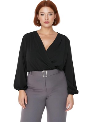 Ersefa Moda Büyük Beden Kruvaze Örme Regular Düz Desen Casual Günlük Regular Uzun Kol Bluz