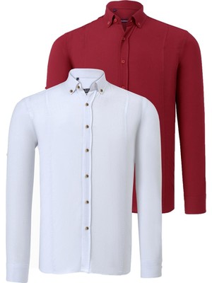 Ikili Set G721 Dewberry Erkek Gömlek-Beyaz-Bordo