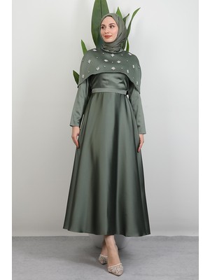 Pelerini Taşlı Elbise Haki