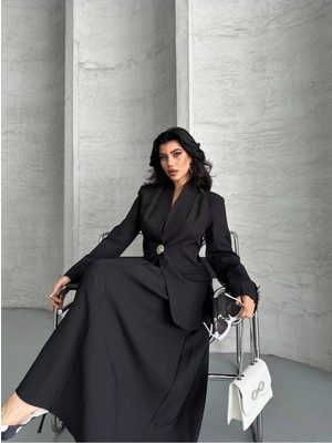 Bella Breeze Kadın Gold Kurabiye Düğmeli Blazer Ceket Etek Takım Elbise