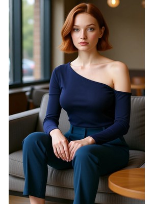 FRM Kadın Şık Crop Asimetrik Yaka Düşük Kol Slim Kalıp Örme Fitted Vücuda Oturan Omzu Açık Fitilli Bluz