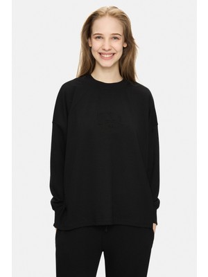 Ucla Elowen Siyah Bisiklet Yaka Gofre Baskı Loose Fit Kadın Sweatshirt