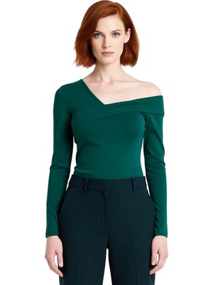 Ersefa Kadın Pamuklu Esnek Vücuda Oturan Asimetrik Yaka Uzun Kollu Crop Üst Kaliteli Şık Rahat Modern