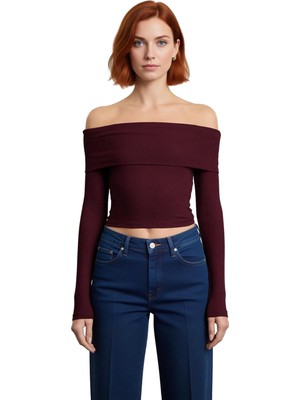 Ersefa Stil Kadın Kısa Esnek Bluz Crop Örme Slim Kalıp