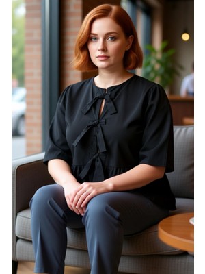 FRM Kadın Moda Şık Büyük Beden Uzun Bisiklet Yaka Regular Kalıp Dokuma Kadın Fiyonklu Bluz