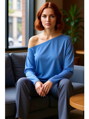 FRM Kadın Moda Şık Regular Kayık Yaka Tek Kol Relaxed Kalıp Örme %100 Modal Kumaş Rahat Kesim Bluz