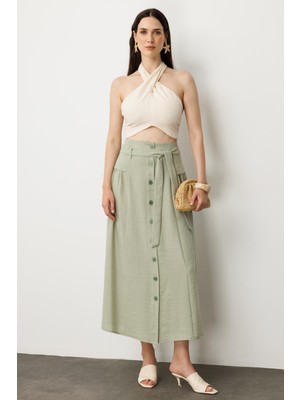 Accort Önden Düğmeli Kemer Detay Etek-Su Yeşili