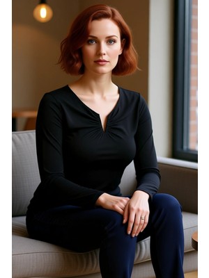 FRM Kadın Moda Şık Büyük Beden Regular V Yaka Fitted Kalıp Örme Sandy Bluz