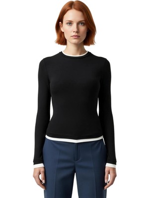 Ersefa Kadın Casual Bluz Viskon Ribana Fitted Kesim Dik Yaka Uzun Kollu Esnek Kumaş Günlük Kullanım