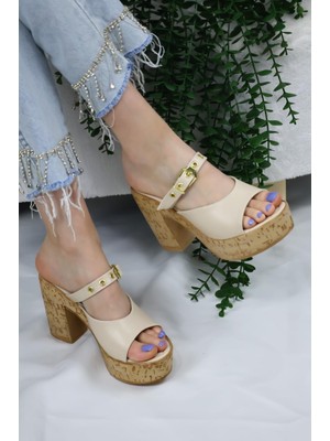 Asmi Shoes Kadın Mantar Topuklu Sandalet Terlik  Bej