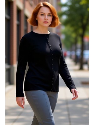 PayBuy Kadın Bisiklet Yaka Düğme Detaylı Fitilli Uzun Kollu Regular Boy Örme Kaliteli Şık Rahat