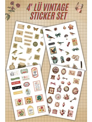 Birikiyedi 4 Sayfa Vintage Sticker - Ajanda Journal Scrapbook Valiz Telefon Laptop Için Etiket