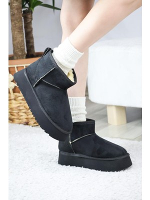 Asmi Shoes Kadın Pavro Süet Içi Kürklü  Kalın Taban ( 4.5 cm ) Mini Kısa Bot  Siyah
