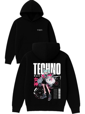 Vsrn Techno Anime Tasarım Baskılı Oversize Siyah Kapüşonlu Sweatshirt