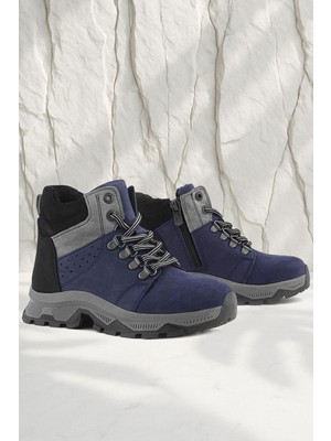 Rakerplus Hakiki Deri Lacivert Fermuarlı Trekking Çocuk Bot