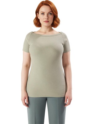 Ersefa Kadın Büyük Beden Kayık Yaka Vücut Hatlarını Belirginleştiren Örme Bluz Kaliteli Şık Rahat