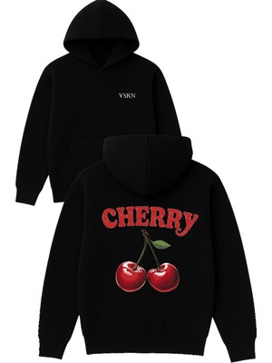 Vsrn Kırmzı Cherry Tasarım Baskılı Oversize Siyah Kapüşonlu Sweatshirt