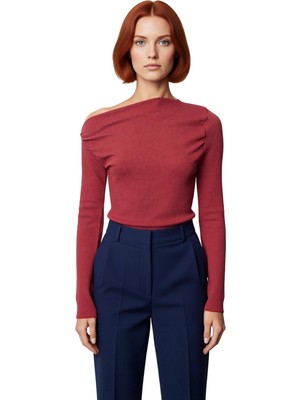 Ersefa Moda Kayık Yaka Örme Slim Düz Desen Casual Günlük Uzun Uzun Kol Bluz