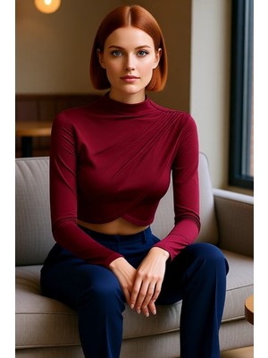 FRM Kadın Moda Şık Üst Giyim Super Crop Dik Yaka Slim Kalıp Örme Drapeli Crop Bluz
