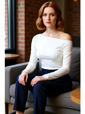 FRM Kadın Şık Regular Kayık Yaka Düşük Kol Slim Kalıp Örme Düz Yumuşak Kumaşlı Fitted Vücuda Oturan Bluz