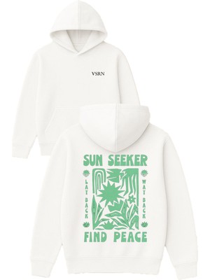 Vsrn Sun Seeker Fınd Peace Tasarım Baskılı Oversize Beyaz Kapüşonlu Sweatshirt