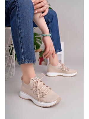 Homiro Kadın Bağcıklı Triko Poli Taban Spor Sneaker Ayakkabı-Bej
