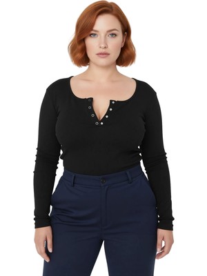Ersefa Kadın Vücuda Oturan Havuz Yaka Uzun Kollu Örme Crop Bluz Büyük Beden Casual Cool Konfor