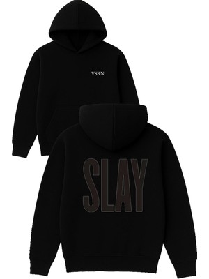Vsrn Slay Tasarım Baskılı Oversize Siyah Kapüşonlu Sweatshirt