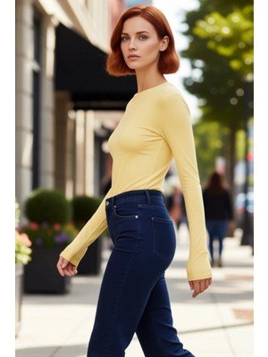 PayBuy Kadın Pembe Viskon Ribana Dokulu Fitted Bisiklet Yaka Uzun Kollu Crop Bluz Günlük Kullanıma Uygun